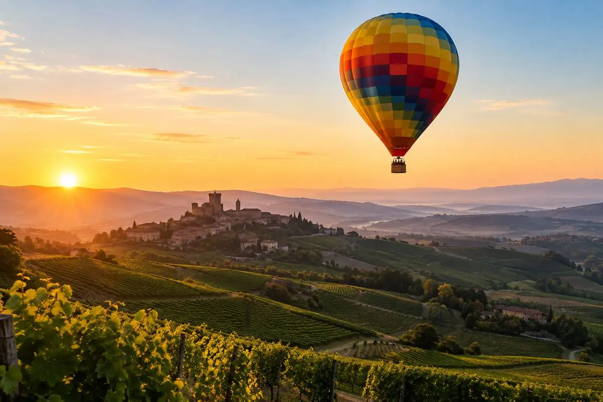 Mongolfiera all’alba sopra colline coperte di vigneti